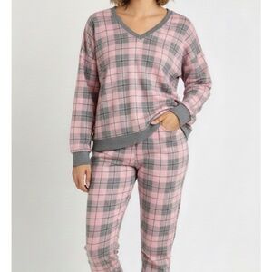ARIA Collection Plaid V-Neck Pajama Set, Women’s S (4-6), Pink Gray